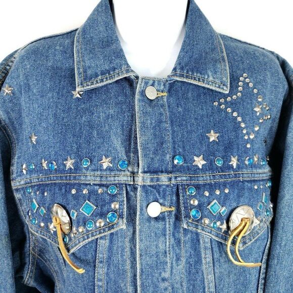 Vintage 80s Freego Blue Denim Western Trucker Jean Jacket S Studded Stars Concho - Picture 1 of 9